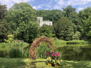 Botanická zahrada pod Jiráskovou vilou má charakter městského lesoparku, v popředí jedna ze studentských instalací 