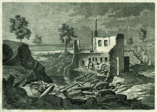 Pobořený Stebenský mlýn na
kresbě Hugo Ullika, pořízené záhy
po povodni.